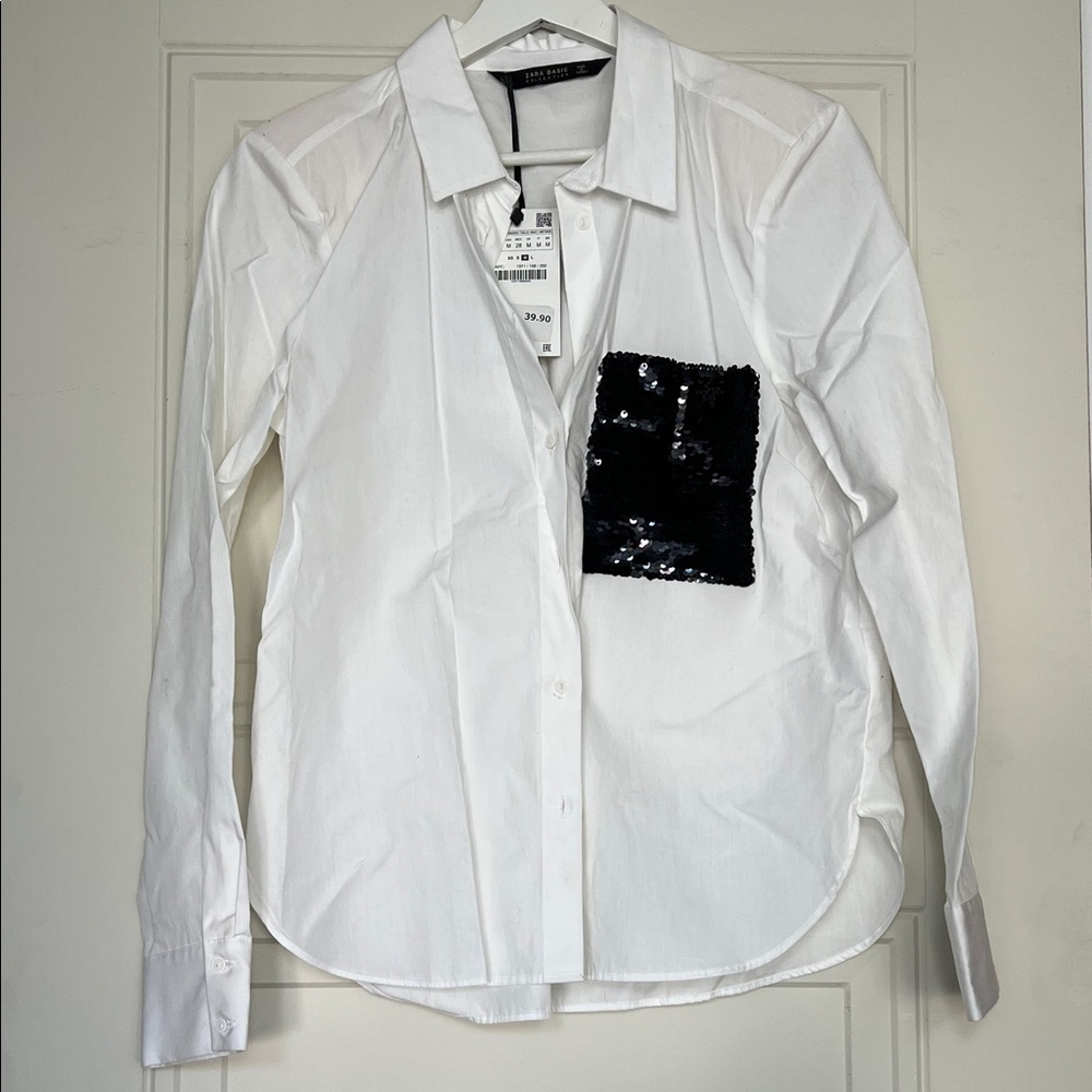NWT Zara White Shirt with Black Sequin Detail